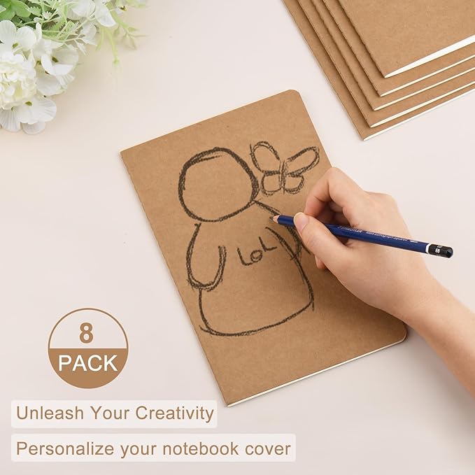 ZCZN 8 Pack A5 Kraft Notebooks Bulk, 8.15x5.5 Inches Lined Paper Journaling Notebooks, Notebooks for Work, Composition Notebooks for School, Journal Notebooks for Office, 60 Pages