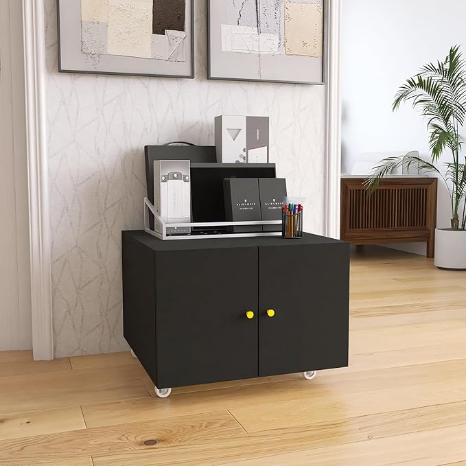 Small Space Printer Stand with Doors, Mini Fridge Stand for Laundry, 3D Printer Stand with Storage, Low Printer Table, Modern Under Desk for Home Office, Small Carts for Scanner, Fax