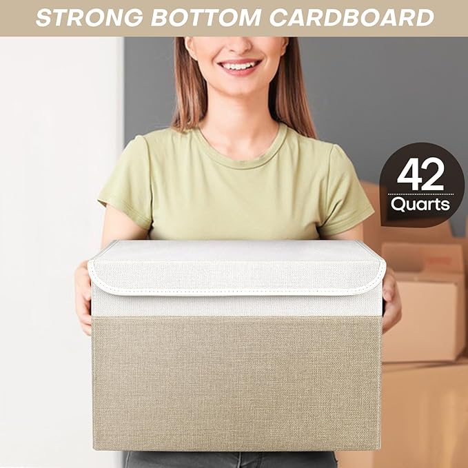 Large 17" 42 Quarts Collapsible Stackable Storage Bins with Lids [3-Pack] Foldable Fabric Linen Storage Boxes Cube, Closet Organizer Baskets with Label (16.7 x 12 x 12", Beige & White)