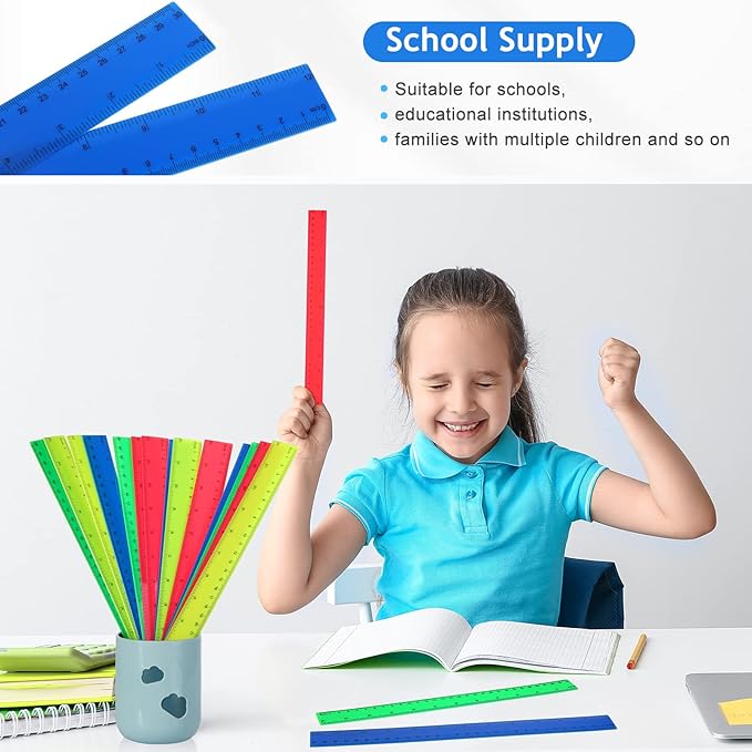 Zonon 100 Pcs 12 Inch Plastic Ruler Assorted Colors Rulers with Centimeters Millimeter and Inches Shatterproof Straightedge Bulk for Classroom School Home Office Kids(Plastic,Yellow, Green, Blue, Red)