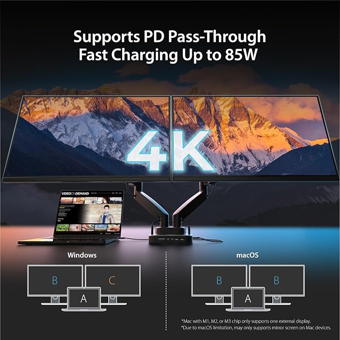 j5create Dual Monitor Mount with 10-in-1 Docking Station, Fully Adjustable Monitor Desk Stand for 2 Screens up to 32 inch, Conveniently Set Optimal Angle and Maximize Productivity (JTSA302)