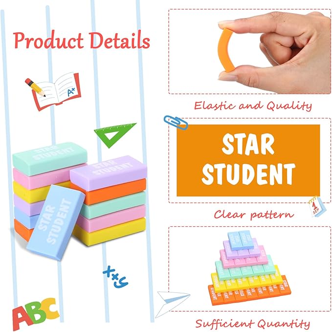 100 Pcs Star Student Erasers Bulk for Kids Back to School Pencil Erasers Fun Inspirational School Supplies for Students Classroom Office Teacher Award Gifts