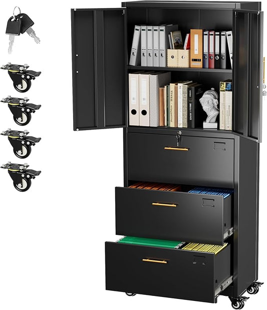 Aobabo Metal 3 Drawers Lateral File Storage Cabinet and Unit Adjustable Shelf Organizer, Steel Files Cabinet with Wheels, 2 Door Storage for Office Legal/Letter A4 Size, Assembly Required, Black