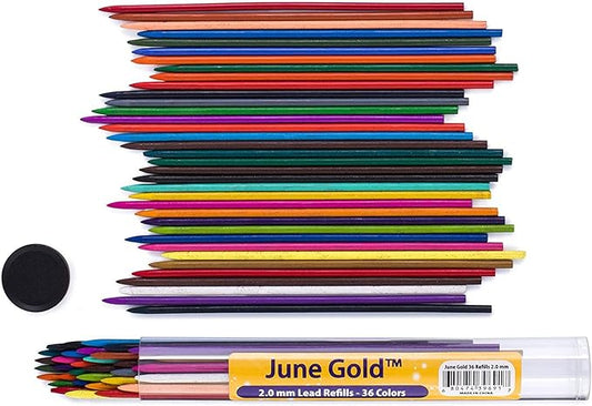 June Gold 36 Assorted Colored 2.0 mm Lead Refills, Bold & 90 mm Length, 36 Unique Colors, Pre-Sharpened, Break & Smudge Resistant