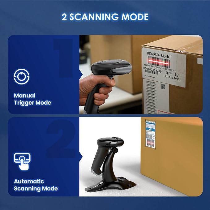 Eyoyo 2D 1D Wireless Barcode Scanner with Stand, 3-in-1 Barcode Reader 2.4G Wireless & Bluetooth & Wired USB Connection, Handheld QR Code Scanner for iPhone, Mac, Android, Store, Warehouse, Library
