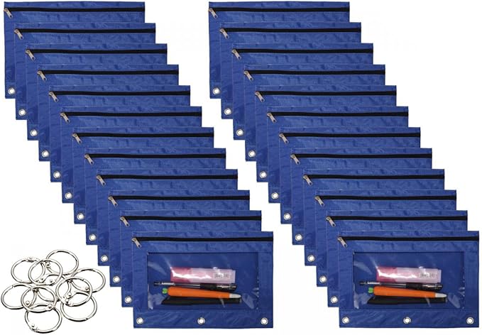 24 Packs 3 Ring Binder Pen Pencil Case Pouch Bulk Set Stationery Bag for School Class Office Blue
