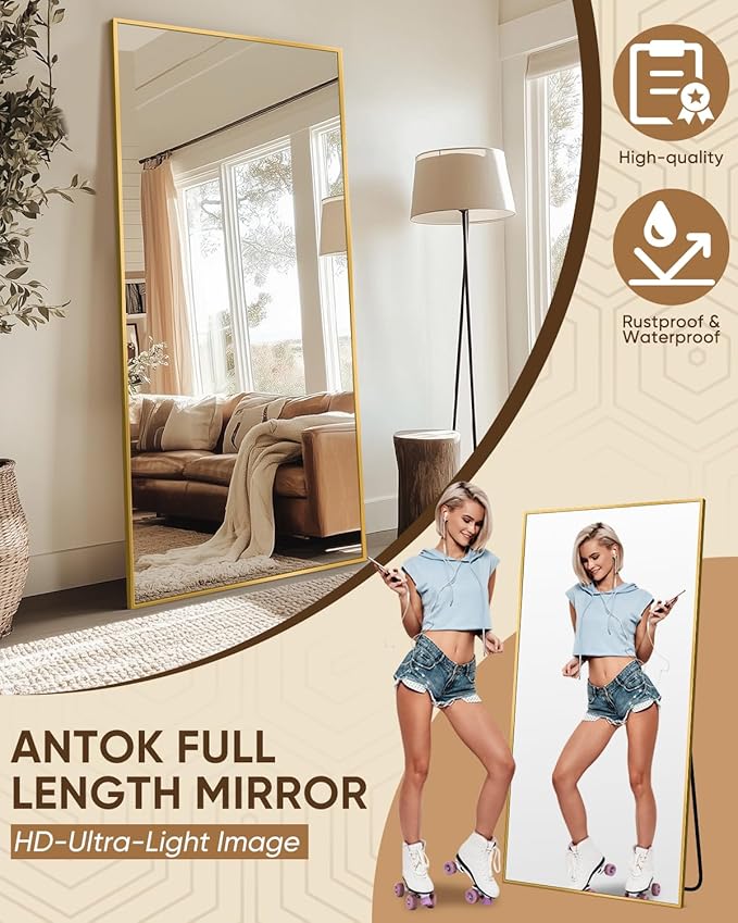 Antok Full Length Mirror, 58"x21" Floor Mirror, Floor Standing Freestanding Full Body Mirror with Stand for Bedroom, Hanging Mounted for Living Room Cloakroom, Gold