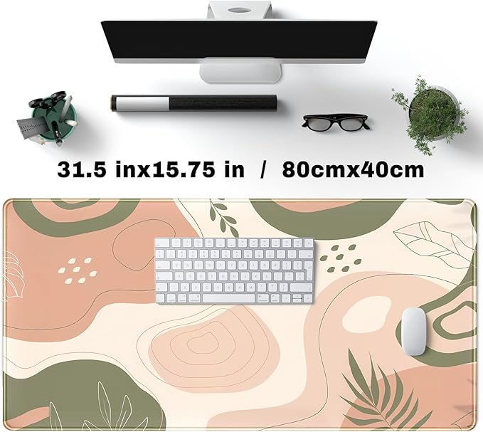 Boho Green Cream Desk Mat Boho Kawaii Green Mouse Pad Cute Desk Mat, Large Aesthetic Mouse Pad XL Desk Decor for Women with Stitched Edge Mouse Desk Pad for Keyboard and Mouse Desk Pad, 31.5x15.8in.