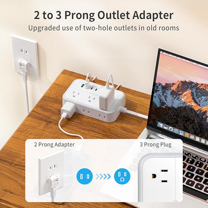 NTONPOWER Extension Cord 15 FT, 1875W Two Prong to Three Prong Outlet Adapter, 1080 Joules Surge Protector Power Strip, Rotating Plug 2 Prong Extension Cord with 4 USB Ports(2 USB C), for Old House