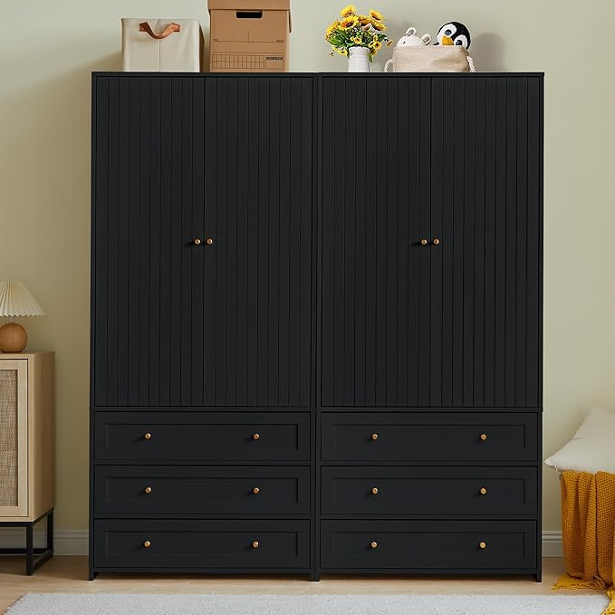 Wardrobe Closet Armoire, 71 "Wardrobe Armoire Wooden Closet with 4 Doors, 6 Drawers Household Freestanding Wooden Storage Cabinet for Bedroom