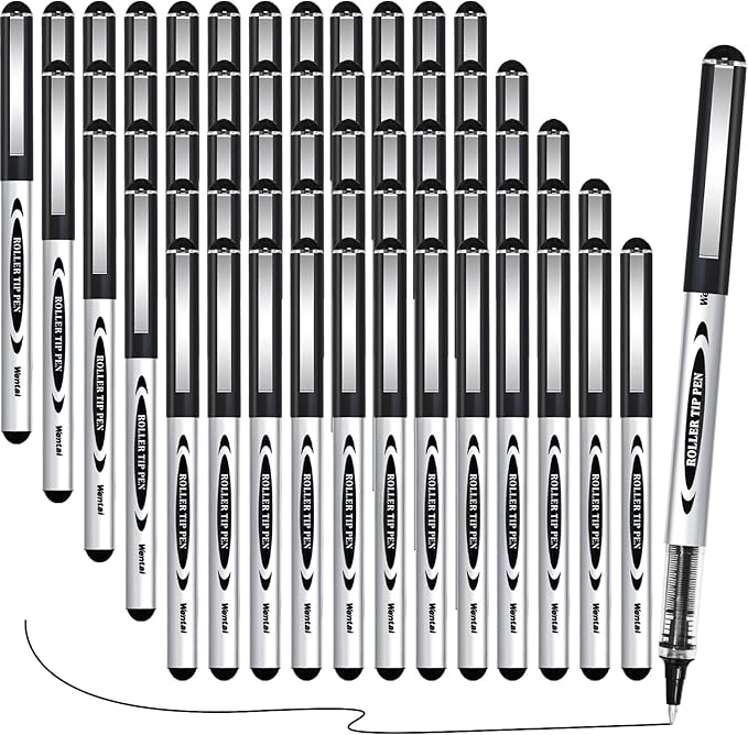 Beieverluck 60 Pieces Roller Ball Pens Black Liquid Ink Rollerball Pens 0.5mm Fine Point Smooth Writing Pens for Writing Journaling Taking Notes School Office