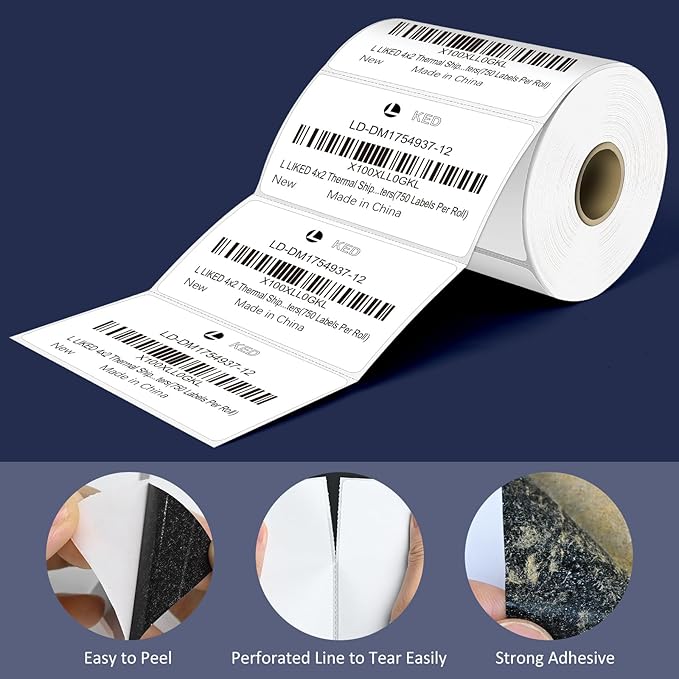 L LIKED 4" x 2" Direct Thermal Labels, Permanent Adhesive Barcode Shipping Labels & Compatible with Rollo, Zebra and other Desktop Printers (12 Rolls, 9000 Labels)