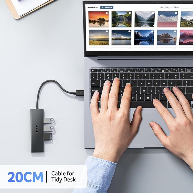Acer USB Hub 4 Ports, Multiple USB 3.0 Hub, USBA Splitter for Laptop with Type C Power Port, Extender for A Port Laptop, PC, Desktop and More (0.7ft)