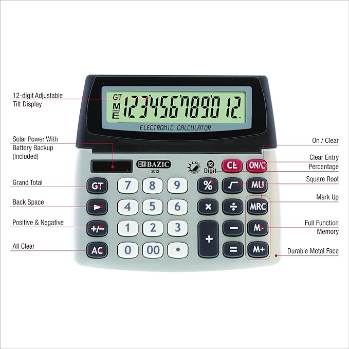 BAZIC 12-Digit Dual Power Desktop Calculator with Adjustable Display (3012)