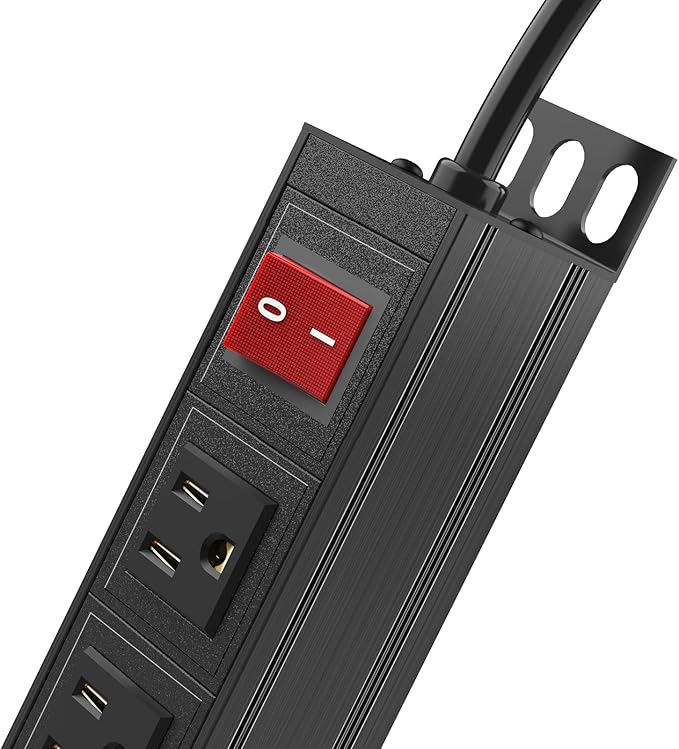 BTU 6 Outlet Power Strip, Metal Mountable Power Strip Surge Protector, Heavy Duty Wall Mount Power Outlet for Commercial, Industrial, Workshop, 6FT Power Cord, 15A/125V 1875W (Black 6FT)