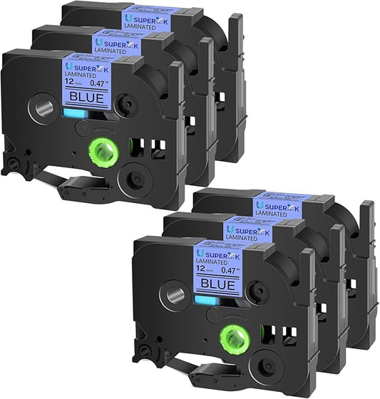6PK TZe-531 12mm 0.47 Laminated Blue Tape Compatible for Brother P-Touch Label Maker Tape TZ-531 TZe TZ Label Tape TZe531 TZ531 Black on Blue for PT-D210 D220 H110 D200 D400 D600 H100