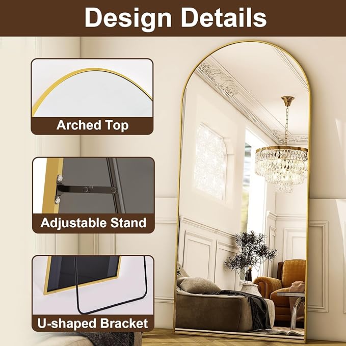 Arched Gold Full Length Mirror, 68"X22"Large Floor Mirror with Stand,Hanging or Leaning Full Body Mirror with Aluminum for Living Room and Bedroom