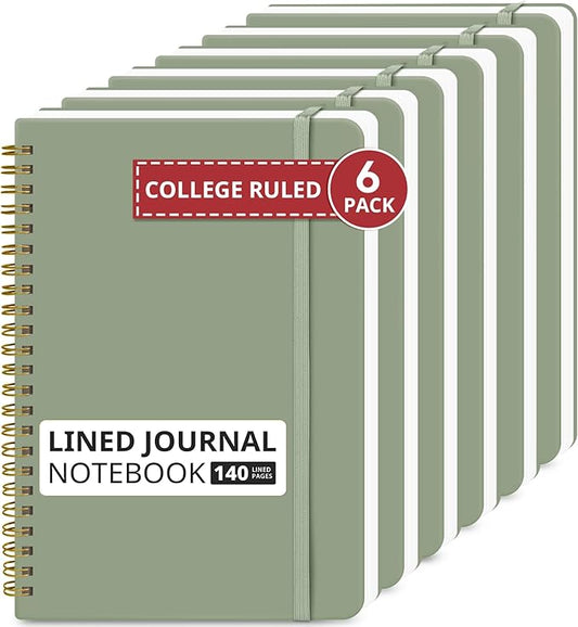 Taja Lined Spiral Journal Notebook for Work, 6 Pack, 140 Pages, College Ruled Hardcover Notebook Journal for Women, 6 Pcs, Journals for Writing, A5(6"x8") - Green