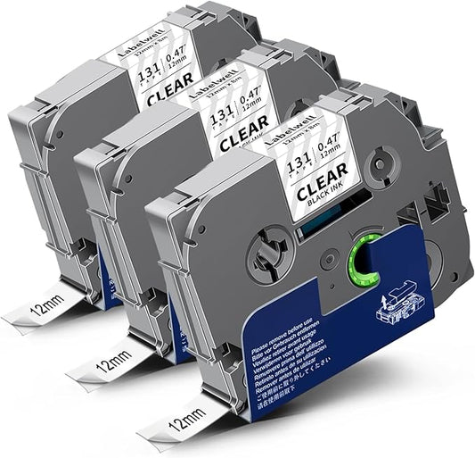 TZe TZ Tape 12mm 0.47 Inch Laminated Clear Compatible with P Touch Label Tape TZe-131 TZe131 for Ptouch PT-H110 D200 D210 D220 D400 D600 D610BT PTD220 Label Maker, Black on Clear
