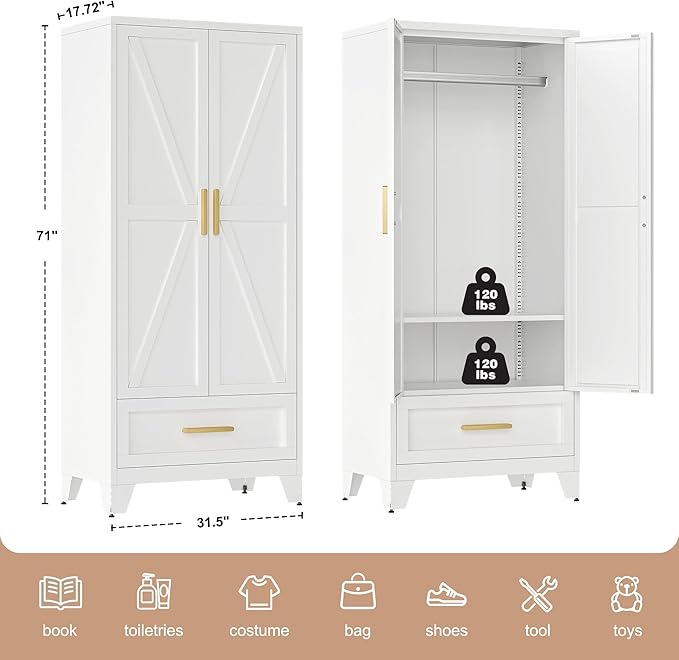 71" Tall Metal Wardrobe Cabinet with Drawer and Hanging Rod, 2 Doors Armoire Wardrobe Closet with Shelf for Bedroom, Office, Laundry Room, White