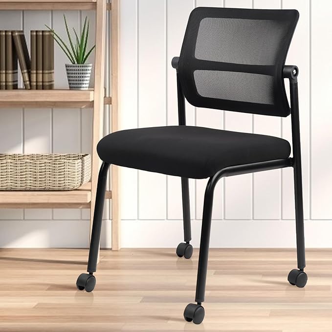 CLATINA Stacking Armless Office Waiting Room Chair with Wheels, Stackable Mesh Guest Reception Desk Chairs with Adjustable Backrest for Conference Lobby Side School, Black, 4 Pack