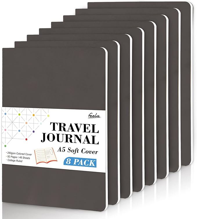feela 8 Pack Soft Cover Journal Bulk, Notebooks College Ruled for Work, Lined Travel Journal for Women Men, Note Taking Notebook School Supplies Business Writing, 8.2” x 5.5”, A5, Gray