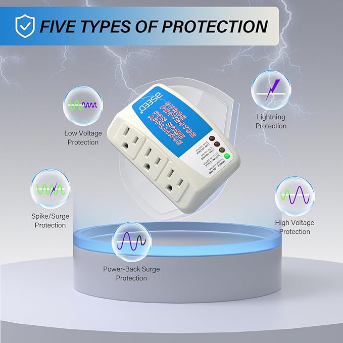 BSEED Home Appliance Surge Protector, Surge Protector for Refrigerator Wall Mount Three Plugs with Protection Low/High Voltage Protector Brownout Outlet Plug in 125V, 1875W, 2 Pack