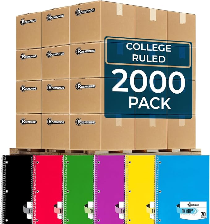 2000 Packs (Pallet) 1 Subject Notebooks, Spiral Notebook Bulk, College Ruled, Pallet of Notebooks,70 Sheets (140 pages), 8 x 10-1/2",Bulk Spiral Notebooks for School & Office,4-7 Days Transit