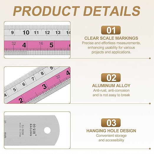 HARFINGTON 4pcs Metal Straight Ruler 30cm Metric SAE Aluminum Alloy Measuring Rulers Scale Tools with Hole for Measure Study Reading Classroom Office, Pink