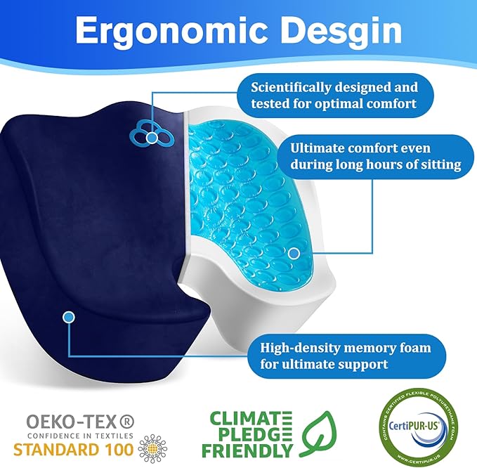 Seat Cushion, Gel Chair Cushions, Office Chair Cushions, Anti-Slip Bottom & Removable Cover Tailbone Pain Relief Cushion, Memory Foam Seat Cushion, 5.28 in Thick (Blue)
