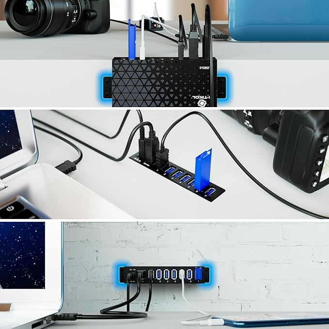 7 Port USB 3.0 Hub - Powered USB Hub –Multiple USB Splitter with Built-in 12V/3A/36W Power Adapter - Up to 5Gbps Sync & High-Speed Data Transfer - Mounting Brackets for Phone MB Laptop Tablet PC