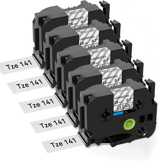 Tze-141 18mm 0.7inch Laminated Clear Tape Compatible for Brother PT-D400 Label Maker Tape Clear, TZ-141 Tze 18mm 3/4inch for Brother P-Touch PT-D600, PT-D410, PT-D610BT Label Maker, 5 Pack