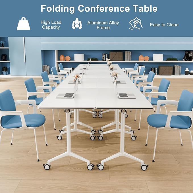 10Pack Folding Conference Room Table, Modern Conference Tables with Silent Wheels, Large Rectangular Mobile Training Tables for Office Classroom, Foldable Modular Seminar Table White (L63in)
