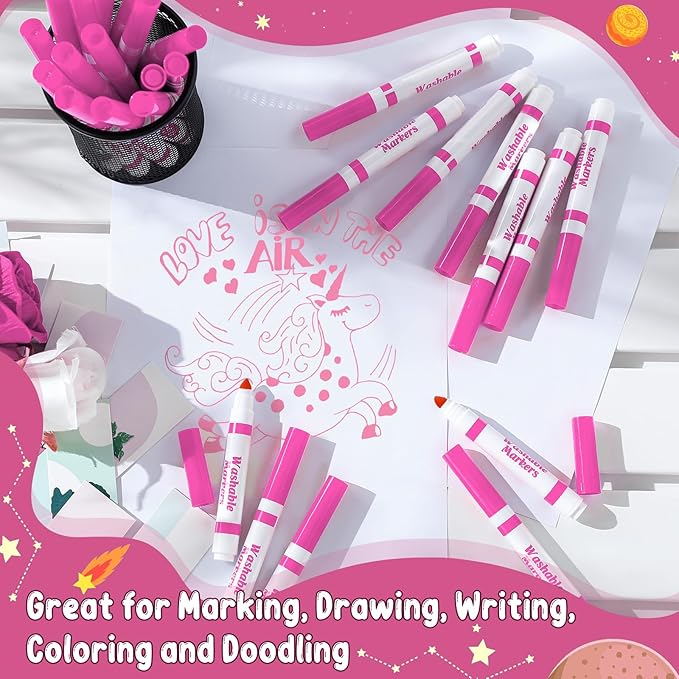 Janlaugh 60 Pcs Pink Washable Markers Bulk Coloring Broad Line Markers for Kids Conical Tip Pink drawing pens for Classroom Back to School travel Art baby shower gender reveal Supplies, Ages 6+