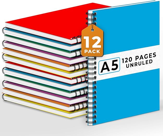 Blank Spiral Notebook, 12 Pack, 5.8 x 8.3, 120 Pages (60 Sheets), 100 GSM Unlined Drawing Notebooks, Assorted A5 Journals, No-Bleed, Sketching, Note Taking, Blank Journals for Office & School