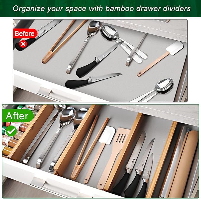 4 Pack Bamboo Drawer Dividers, Adjustable Length from 12 Inch to 17 Inch, Expandable Kitchen Drawer Organizer, Drawer Organization Separators for Clothes, Kitchen, Bedroom, Dresser, Office (Beige)