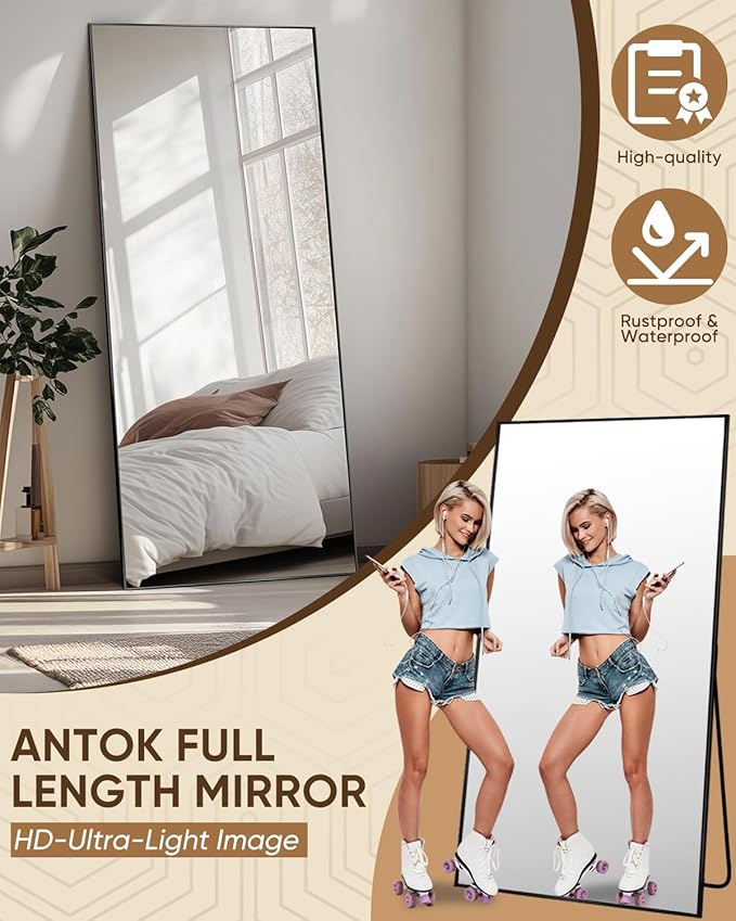 Antok Full Length Mirror, 71"x28" Floor Mirror, Floor Standing Freestanding Full Body Mirror with Stand for Bedroom, Hanging Mounted for Living Room Cloakroom, Black