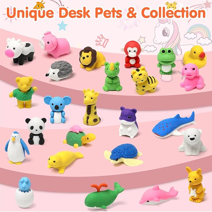 34 Pack Animal Pencil Erasers for Kids, 3D Mini Puzzle Take Apart Erasers, Desk Pets & Treasure Box Toys, Bulk Party Favors, Classroom Prizes, School Supplies, Gift for Boys & Girls