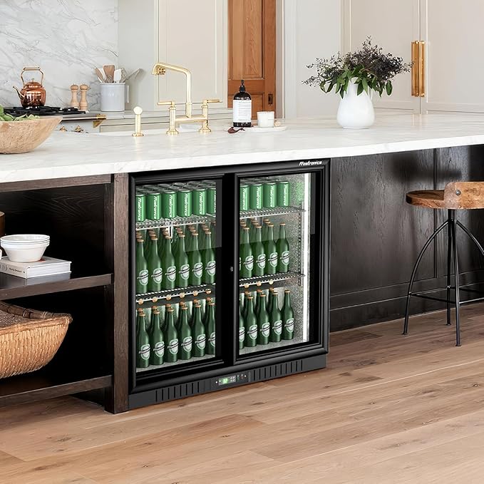 36 Inch 228 Cans Double Door Back Bar Beverage Cooler, 6.5 cu. ft. Under Counter Glass Bar Fridge With Sliding Door, Lockable, 32-50F Display Refrigerator, ETL & NSF7 Certified