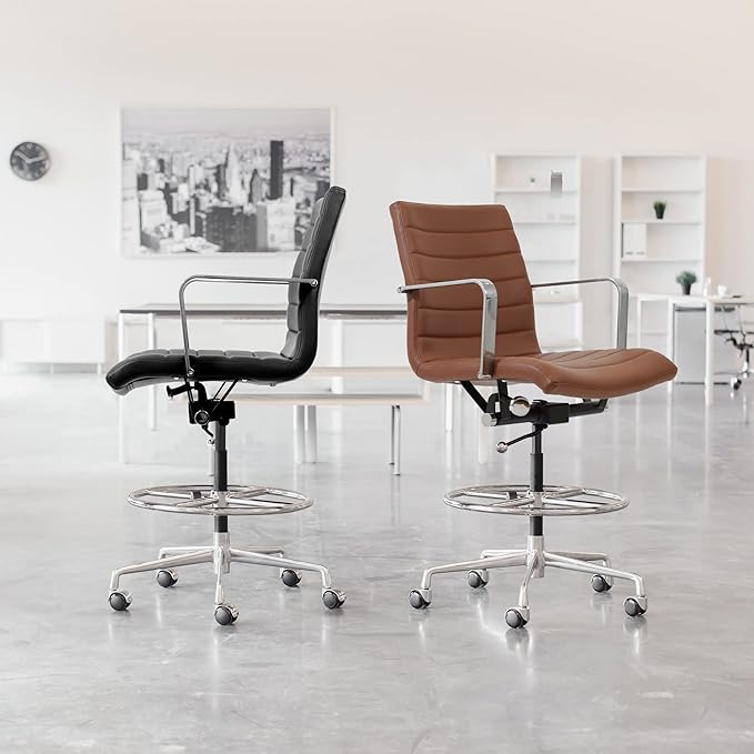 Laura Davidson Furniture SOHO II Ribbed Drafting Chair for Standing Desks, Standing Desk Chair - Ergonomically Designed, Commercial Grade Draft Height, Arm Rest & Cushion, Made of Faux Leather, Orange