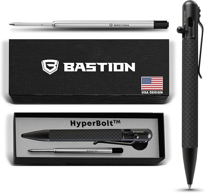 BASTION® Luxury Carbon Fiber Bolt Action Pen Durable Professional Ballpoint Pen for Travel, School and Work Birthday Gift Idea - Black Stainless Steel