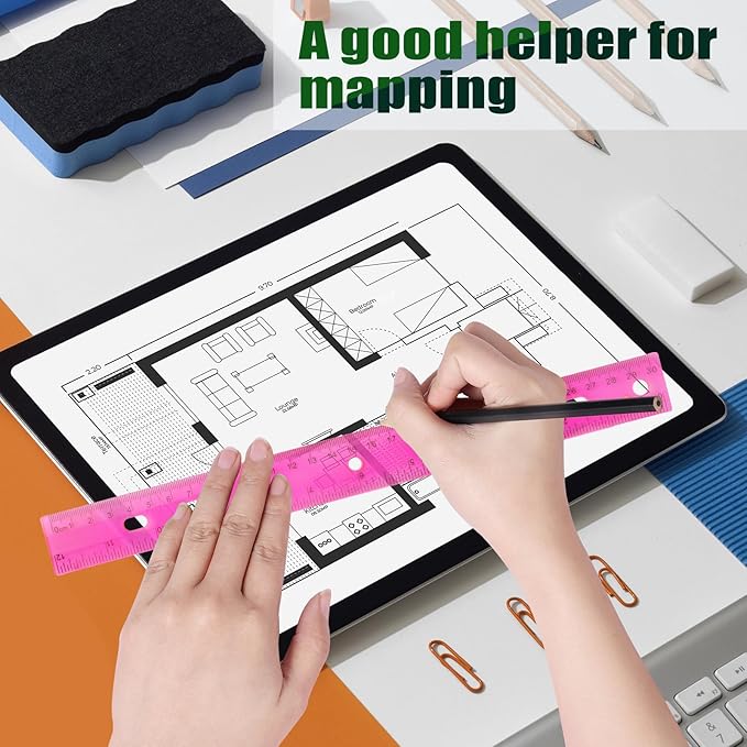 28 Pack Plastic Ruler 12 Inch Transparent Rulers - Metric Bulk for Kids School Office Classroom, Pink