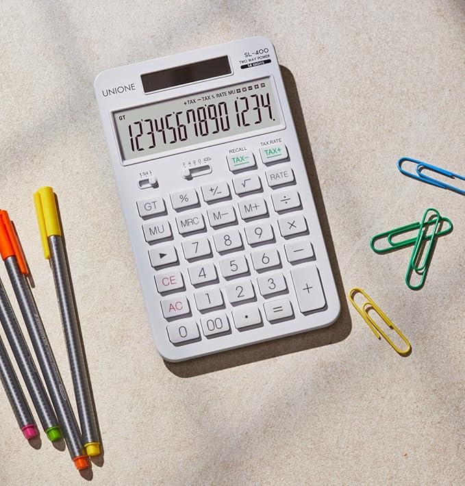 14 Digits Desktop White Calculator with a Bright LCD, Dual Power Handheld Desktop. Color. Business, Office, High School