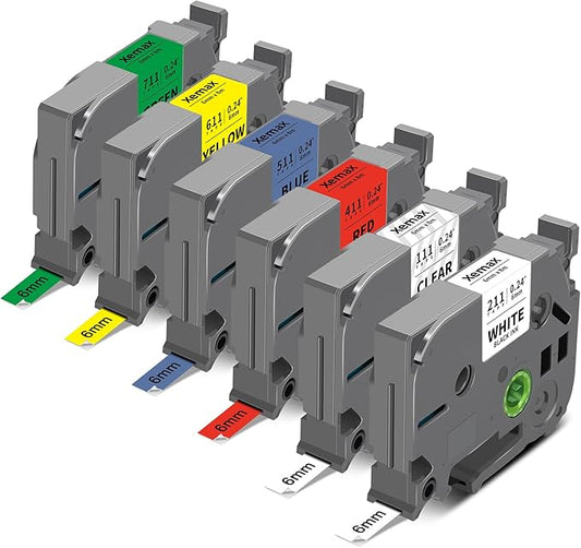 6-Pack 6mm 0.23" Multi-Color Label Tape Compatible for Brother P Touch Label Refills 1/4" Tze Tz Tape Laminated Work for PTD220 PTH100 PTH110 PTD202 PTD210, Clear/White/Red/Blue/Yellow/Green