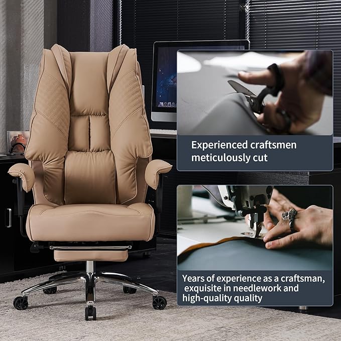 Big and Tall Office Chair 400lbs Wide Seat, Leather High Back Executive Office Chair with Foot Rest, Ergonomic Chairs Lumbar Support for Lower Back Pain Relief (Brown)