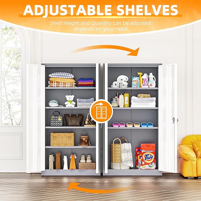 INTERGREAT Garage Storage Cabinets with Doors and Shelves,72" Grey White Steel Tool Locking Cabinet, Metal Storage Cabinet for Home Office, Warehouse, School