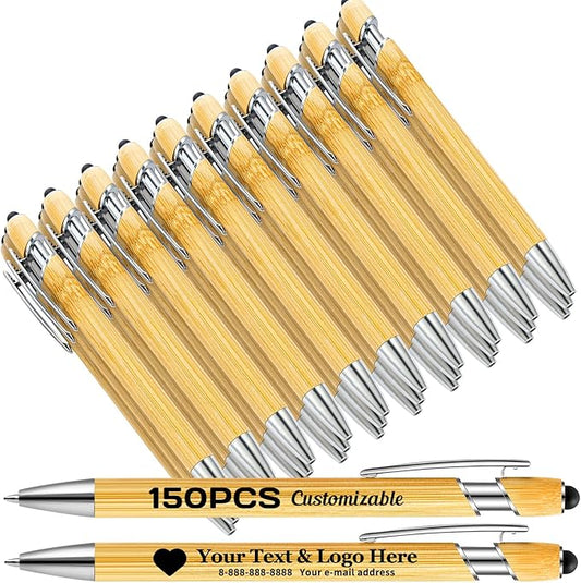 Bamboo Personalized Ballpoint Pens with Stylus - Customizable by Name, Ideal Gifts for Nurses, Women, Men & Teachers - Black Ink, 150 Pcs