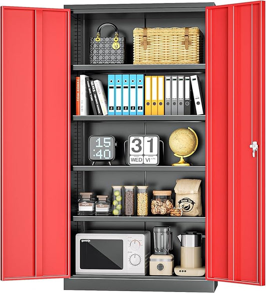 INTERGREAT Garage Storage Cabinet with Lockable Door, 72" H Metal Locking Cabinets with 4 Adjustable Shelves,Black Red Steel Cabinets Storage for Home Office, Warehouse，School