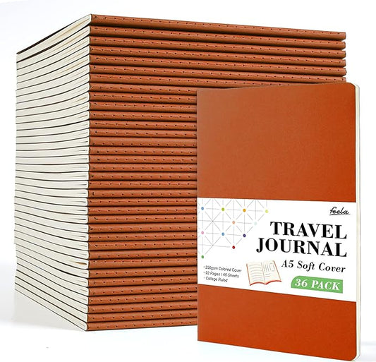 feela 36 Pack Soft Cover Journal Bulk, Lined Blank Travel Journal for Women Men Writing, Notebooks College Ruled for Work, Note Taking Notebook School Business Supplies, 8.2” x 5.5”, A5, Dark Orange