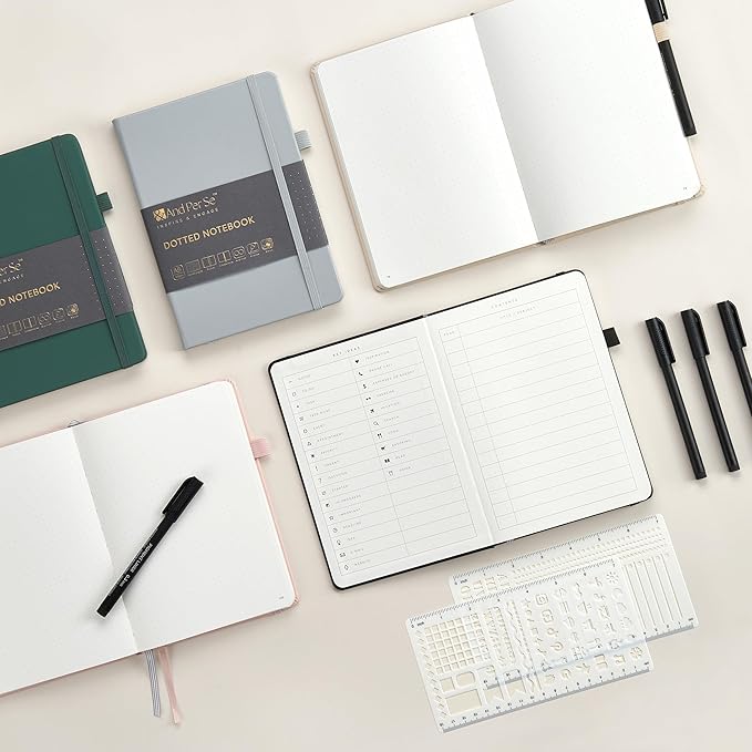 &And Per Se Bullet Dotted Journal Notebook, A5 Leather Hardcover, 176 Numbered Pages 100GSM Thick Dotted Paper, 2 Sheets of Stencils Included - 5.7'' x 8'' (Black)